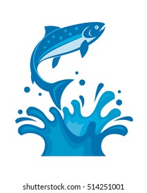 Design of salmon on marine waves. Icon of beautiful fish. Isolated vector illustration