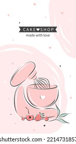 Design sample for pastry and bread shop. Cake shop logo. Planetary stationary dough mixer and berries. Vector illustration