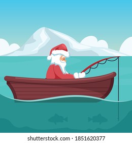 Design of santa claus fishing in his boat at christmas