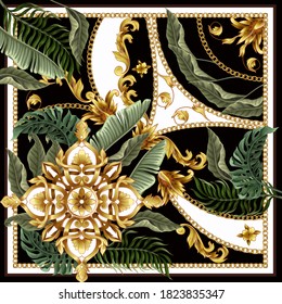 Design scarf with baroque elements and tropical leaves. Vector