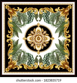 Design scarf with baroque elements and tropical leaves. Vector