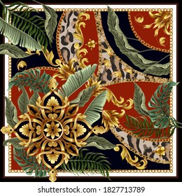 Design scarf with baroque elements and tropical leaves. Vector