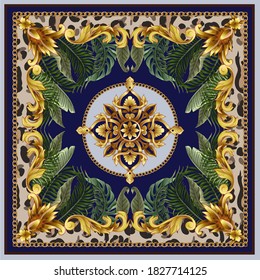 Design scarf with baroque elements and tropical leaves. Vector