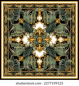 Design scarf with baroque elements and tropical leaves. Vector