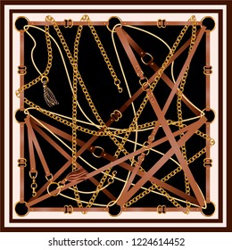 Diseño de pañuelo con correas, cadenas y trenzas para tela. Vector