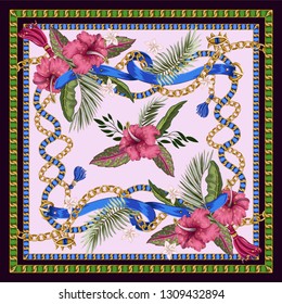 Design scarf with belts, chains and tropical leaves and flowers. Trendy fashion print