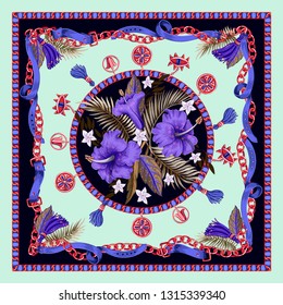 Design scarf with belts, chains and tropical leaves and flowers. Trendy fashion print