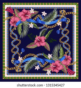 Design scarf with belts, chains and tropical leaves and flowers. Trendy fashion print