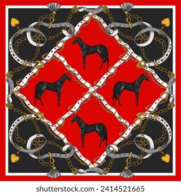 Design scarf with belts and horses. Vector