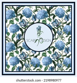 Design scarf with blue hydrangeas anf other flowers. Vector
