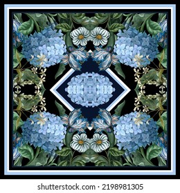 Design scarf with blue hydrangeas anf other flowers. Vector