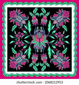 Design scarf with ethnic Japanese ornament elements. Folk flowers and leaves for print or embroidery.