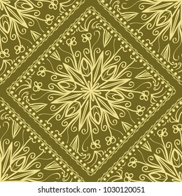 Design of a Scarf with a Geometric Flower Pattern of Mandala. Vector illustration. Seamless. For Print Bandana, Shawl, Carpet, tablecloth, bed cloth, fashion