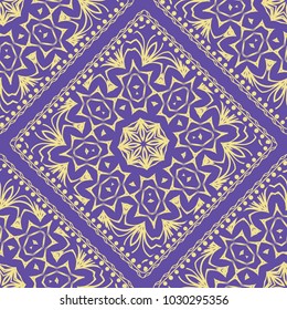 Design of a Scarf with a Geometric Flower Pattern of Mandala. Vector illustration. Seamless. For Print Bandana, Shawl, Carpet, tablecloth, bed cloth, fashion