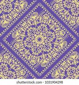 Design of a Scarf with a Geometric Flower Pattern of Mandala. Vector illustration. Seamless. For Print Bandana, Shawl, Carpet, tablecloth, bed cloth, fashion