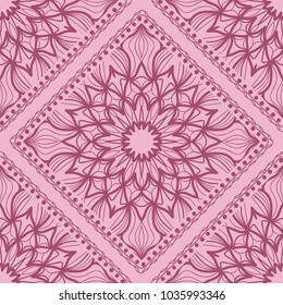 Design of a Scarf with a Geometric Flower Pattern of Mandala. Vector illustration. Seamless. For Print Bandana, Shawl, Carpet, tablecloth, bed cloth, fashion