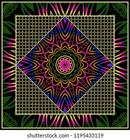 Design of a Scarf with a Geometric Flower Pattern . Vector illustration. Seamless. For Print Bandana, Shawl, Carpet, tablecloth, bed cloth, fashion.