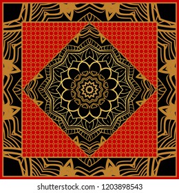 Design of a Scarf with a Geometric Flower Pattern . Vector illustration. Seamless. For Print Bandana, Shawl, Carpet, tablecloth, bed cloth, fashion.