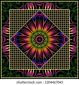 Design of a Scarf with a Geometric Flower Pattern . Vector illustration. Seamless. For Print Bandana, Shawl, Carpet, tablecloth, bed cloth, fashion.