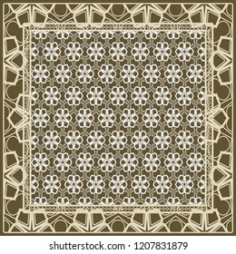 Design of a Scarf with a Geometric Flower Pattern . Vector illustration. Seamless. For Print Bandana, Shawl, Carpet, tablecloth, bed cloth, fashion.