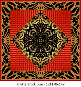 Design of a Scarf with a Geometric Flower Pattern . Vector illustration. Seamless. For Print Bandana, Shawl, Carpet, tablecloth, bed cloth, fashion.