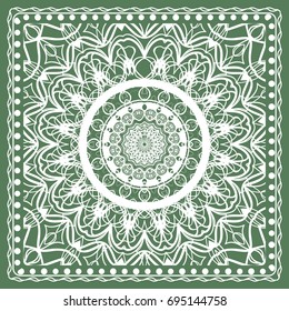 Design of a Scarf with a Geometric Flower Pattern of Mandala. Vector illustration. Green color. For Print Bandana, Shawl, Carpet