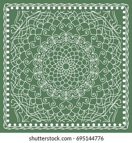 Design of a Scarf with a Geometric Flower Pattern of Mandala. Vector illustration. Green color. For Print Bandana, Shawl, Carpet