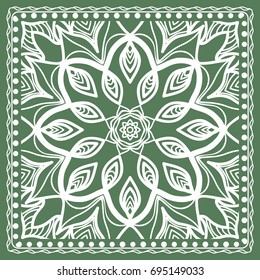 Design of a Scarf with a Geometric Flower Pattern of Mandala. Vector illustration. Green color. For Print Bandana, Shawl, Carpet