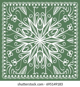 Design of a Scarf with a Geometric Flower Pattern of Mandala. Vector illustration. Green color. For Print Bandana, Shawl, Carpet