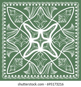 Design of a Scarf with a Geometric Flower Pattern of Mandala. Vector illustration. Green color. For Print Bandana, Shawl, Carpet