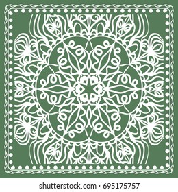 Design of a Scarf with a Geometric Flower Pattern of Mandala. Vector illustration. Green color. For Print Bandana, Shawl, Carpet