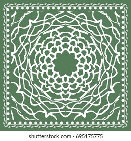 Design of a Scarf with a Geometric Flower Pattern of Mandala. Vector illustration. Green color. For Print Bandana, Shawl, Carpet