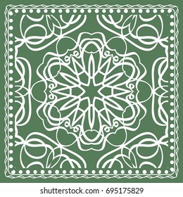 Design of a Scarf with a Geometric Flower Pattern of Mandala. Vector illustration. Green color. For Print Bandana, Shawl, Carpet