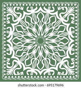 Design of a Scarf with a Geometric Flower Pattern of Mandala. Vector illustration. Green color. For Print Bandana, Shawl, Carpet