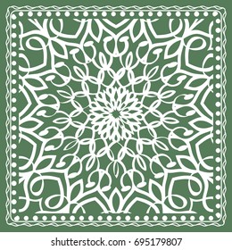 Design of a Scarf with a Geometric Flower Pattern of Mandala. Vector illustration. Green color. For Print Bandana, Shawl, Carpet