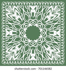 Design of a Scarf with a Geometric Flower Pattern of Mandala. Vector illustration. Green color. For Print Bandana, Shawl, Carpet