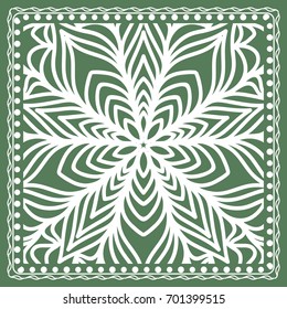 Design of a Scarf with a Geometric Flower Pattern of Mandala. Vector illustration. Green color. For Print Bandana, Shawl, Carpet