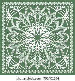 Design of a Scarf with a Geometric Flower Pattern of Mandala. Vector illustration. Green color. For Print Bandana, Shawl, Carpet