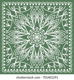 Design of a Scarf with a Geometric Flower Pattern of Mandala. Vector illustration. Green color. For Print Bandana, Shawl, Carpet