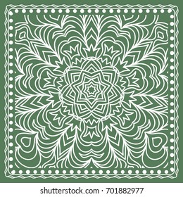 Design of a Scarf with a Geometric Flower Pattern of Mandala. Vector illustration. Green color. For Print Bandana, Shawl, Carpet