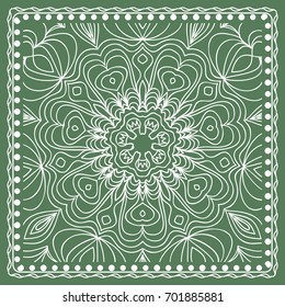 Design of a Scarf with a Geometric Flower Pattern of Mandala. Vector illustration. Green color. For Print Bandana, Shawl, Carpet