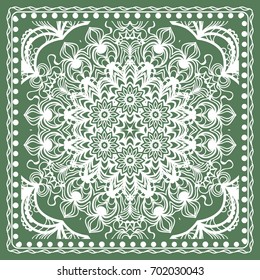 Design of a Scarf with a Geometric Flower Pattern of Mandala. Vector illustration. Green color. For Print Bandana, Shawl, Carpet