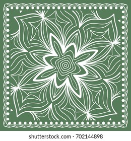 Design of a Scarf with a Geometric Flower Pattern of Mandala. Vector illustration. Green color. For Print Bandana, Shawl, Carpet