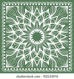 Design of a Scarf with a Geometric Flower Pattern of Mandala. Vector illustration. Green color. For Print Bandana, Shawl, Carpet