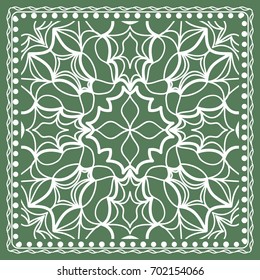 Design of a Scarf with a Geometric Flower Pattern of Mandala. Vector illustration. Green color. For Print Bandana, Shawl, Carpet