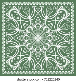 Design of a Scarf with a Geometric Flower Pattern of Mandala. Vector illustration. Green color. For Print Bandana, Shawl, Carpet