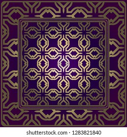 Design Of A Scarf With A Geometric Pattern . For Tablecloth, Fabric, Covers, Scrapbooking, Bandana, Pareo, Shawl. Vector Illustration. Purple, gold color.