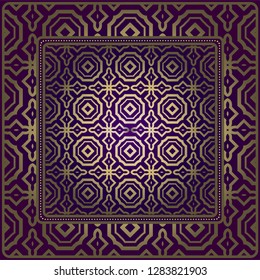 Design Of A Scarf With A Geometric Pattern . For Tablecloth, Fabric, Covers, Scrapbooking, Bandana, Pareo, Shawl. Vector Illustration. Purple, gold color.