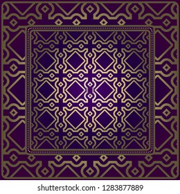 Design Of A Scarf With A Geometric Pattern . For Tablecloth, Fabric, Covers, Scrapbooking, Bandana, Pareo, Shawl. Vector Illustration. Purple, gold color.