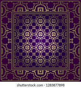 Design Of A Scarf With A Geometric Pattern . For Tablecloth, Fabric, Covers, Scrapbooking, Bandana, Pareo, Shawl. Vector Illustration. Purple, gold color.